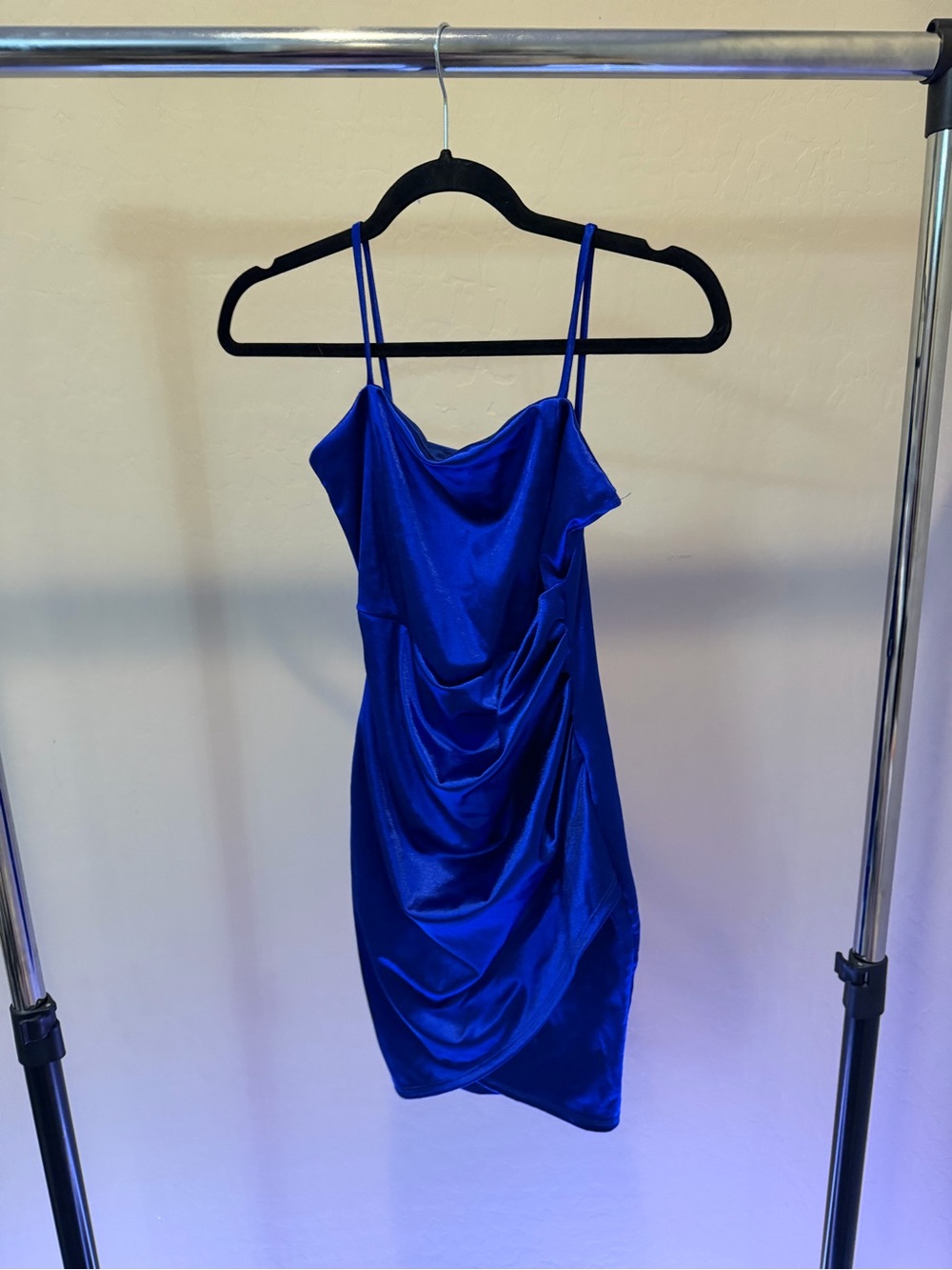 Windsor Royal Blue Satin Cowl Neck Ruched Mini Dress